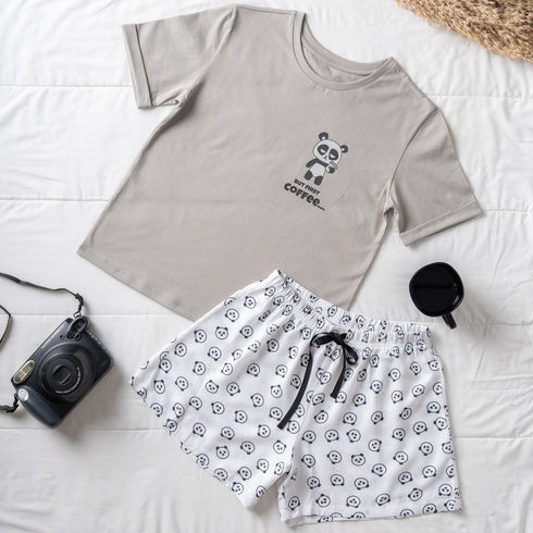Women summer pajama set Grey Tee + Pandas shorts